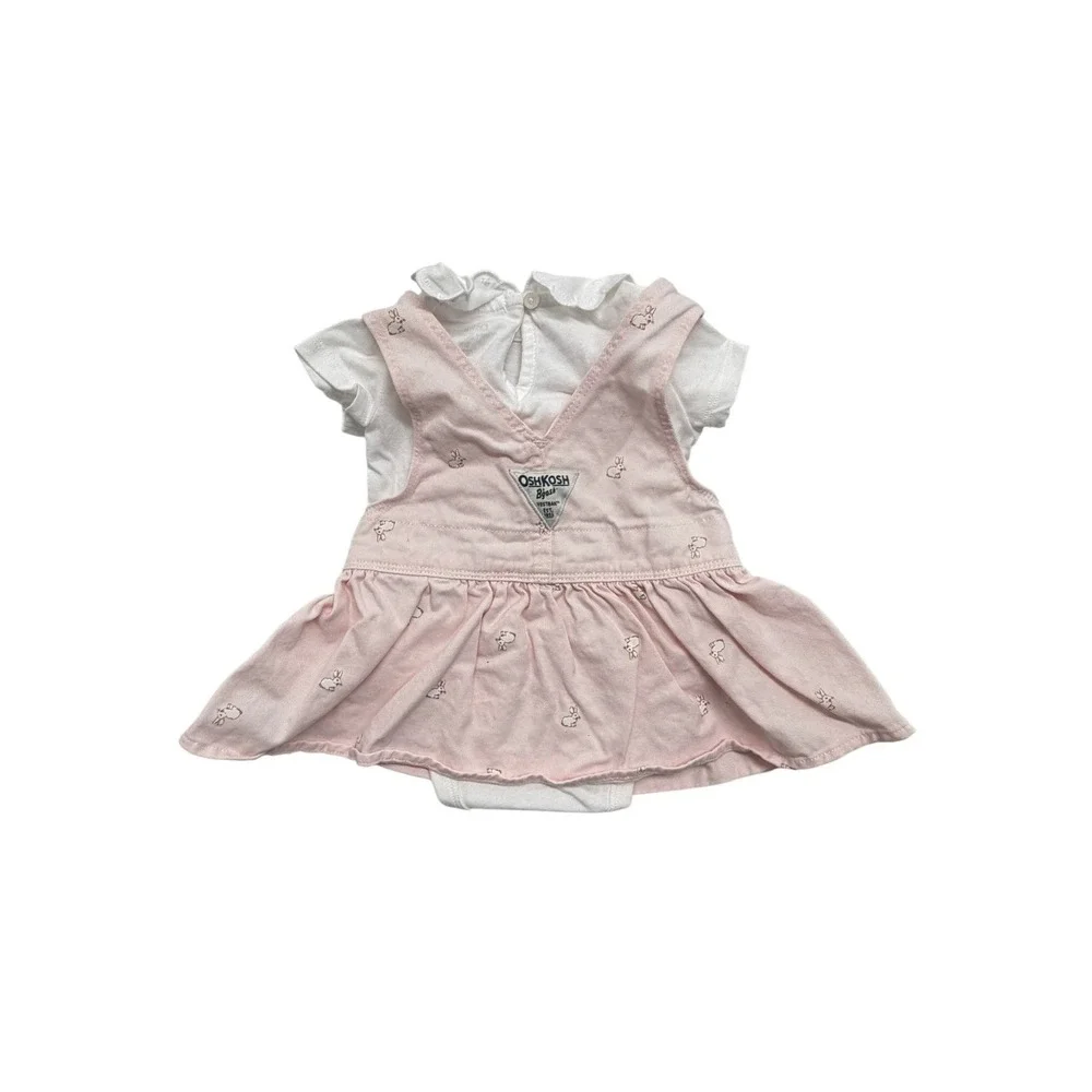 OshKosh Bgosh Baby Girl 3 M Pink Bunny Print Overall Dress Bodysuit Set